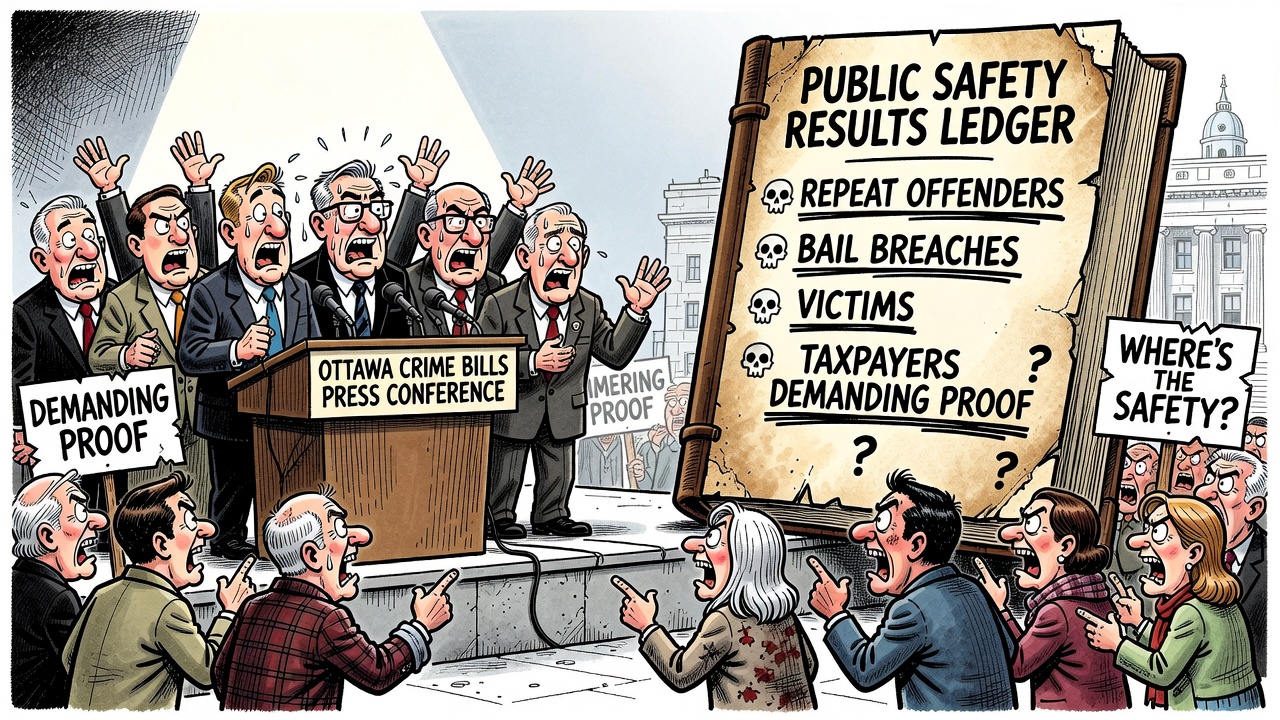 Editorial cartoon showing Ottawa politicians holding crime bill press conferences while taxpayers ask for a public results ledger of repeat offenders, bail breaches and victim outcomes