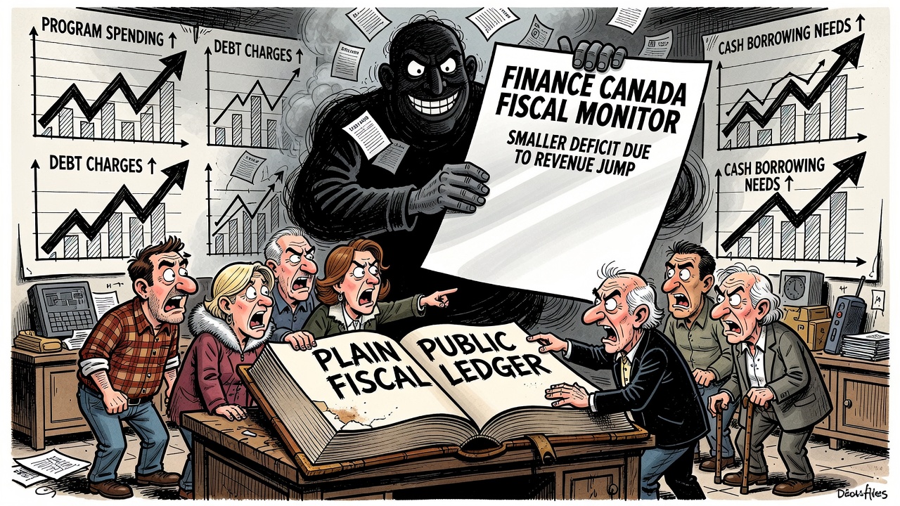 Editorial cartoon showing Ottawa celebrating a smaller deficit headline while taxpayers point to rising program spending, debt charges and cash borrowing needs