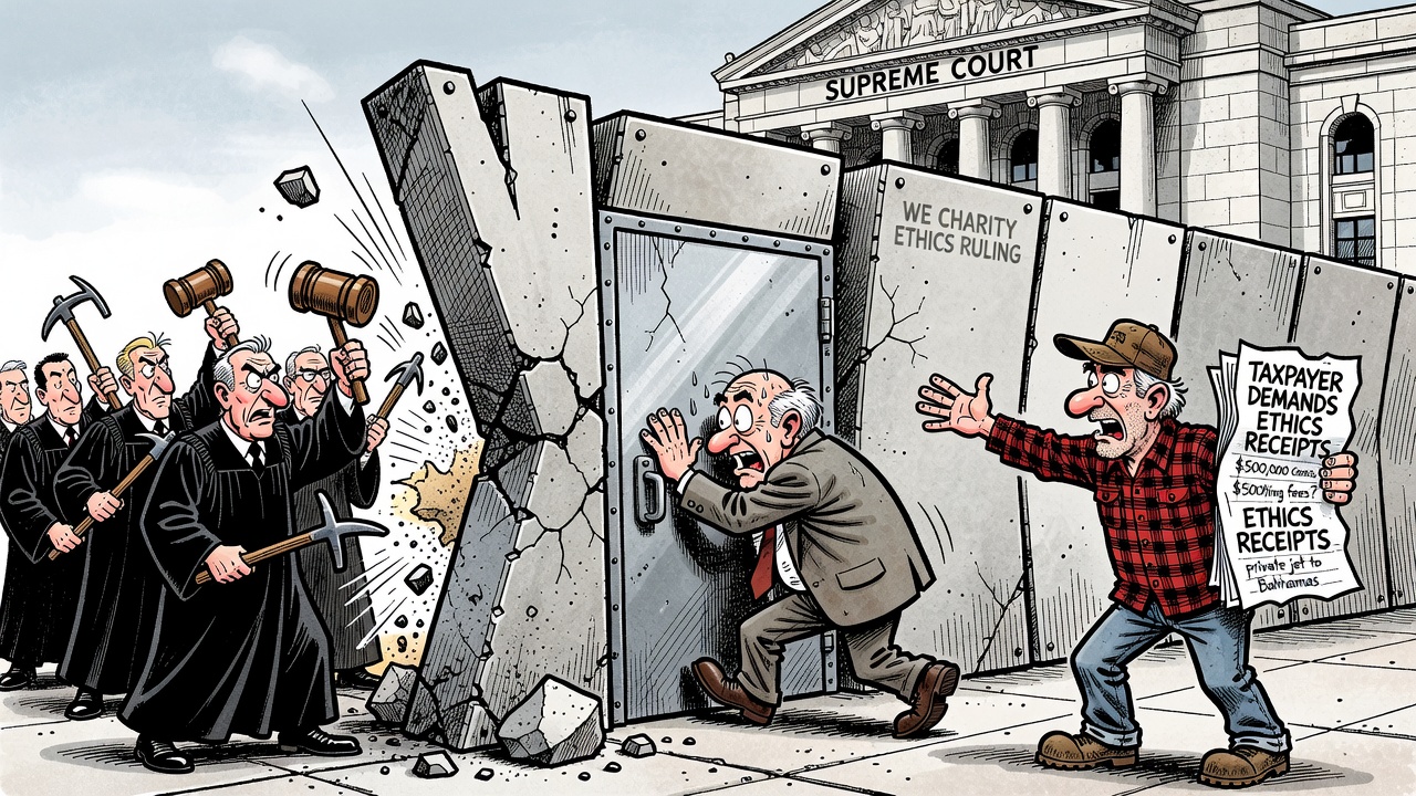 Editorial cartoon showing the Supreme Court opening a locked WE Charity ethics-review firewall while taxpayers demand public receipts
