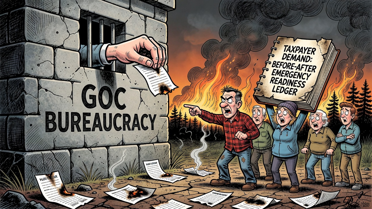 Editorial cartoon showing a federal emergency operations centre during wildfire season with empty desks, a surge-plan binder and taxpayers asking for staffing receipts
