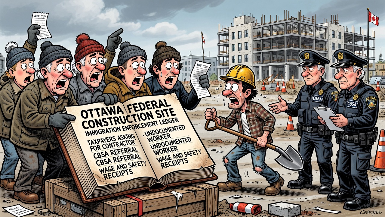 Editorial cartoon showing a publicly funded construction site where taxpayers ask Ottawa for contractor, worker-status, CBSA referral and safety enforcement receipts