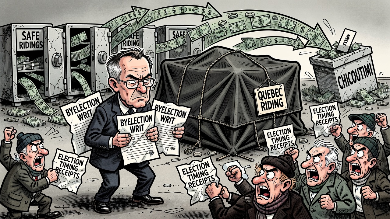 Editorial cartoon showing three by-election writs, a covered fourth Quebec riding and campaign money funnelled into Chicoutimi while taxpayers demand timing receipts