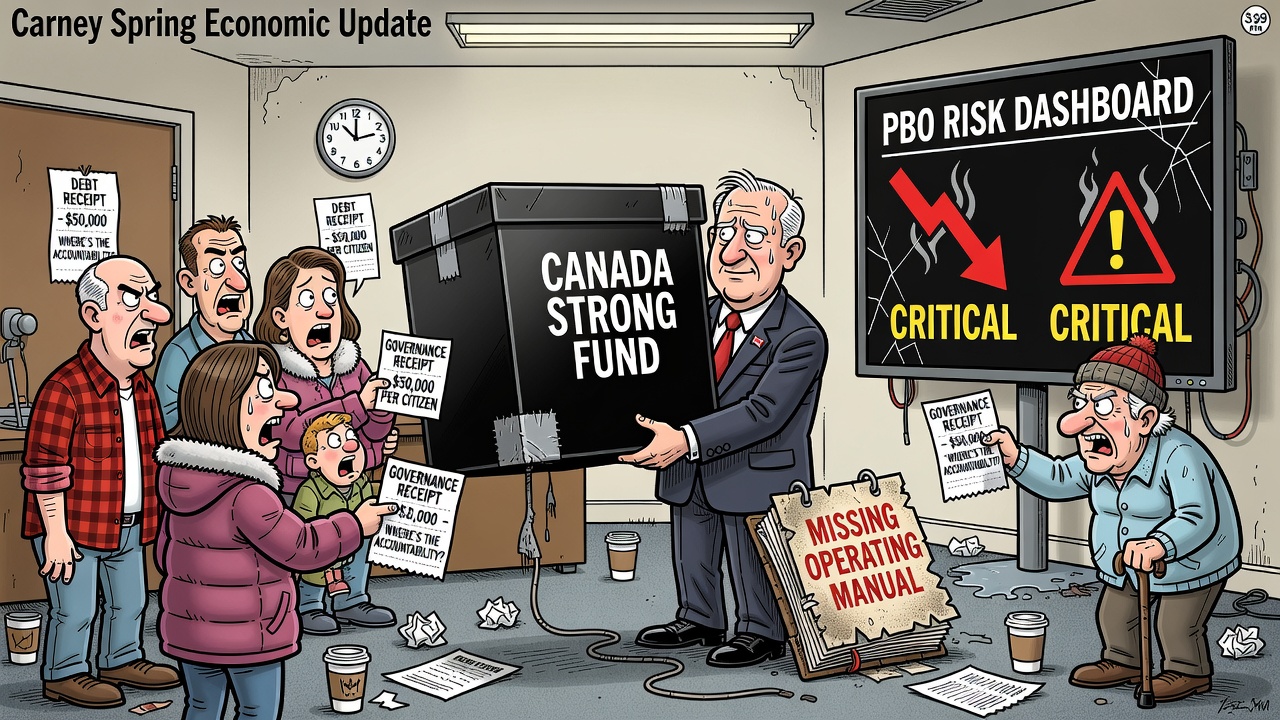 Editorial cartoon showing Carney's Spring Economic Update as a spending black box while taxpayers ask for the Canada Strong Fund operating manual, debt costs and governance receipts