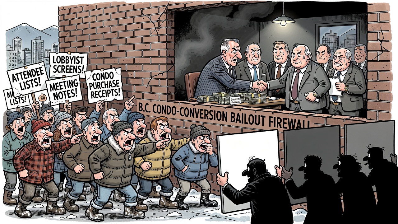 Editorial cartoon showing a closed Liberal fundraiser, Vancouver condo towers and taxpayers demanding attendee lists, lobbyist screens and housing purchase receipts