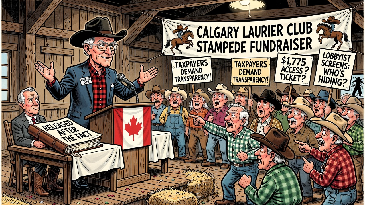 Editorial cartoon showing Mark Carney at a Calgary Laurier Club Stampede fundraiser with a $1,775 access ticket and taxpayers demanding an attendee ledger