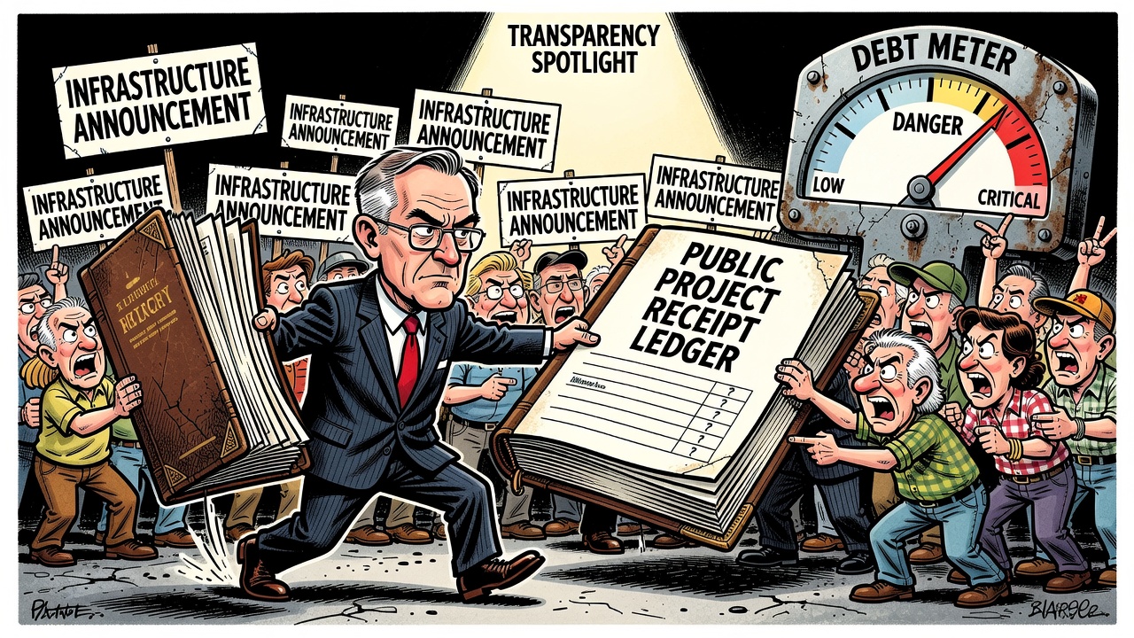Editorial cartoon showing Mark Carney's summer spending blitz as giant cheques while taxpayers demand one public project receipt ledger