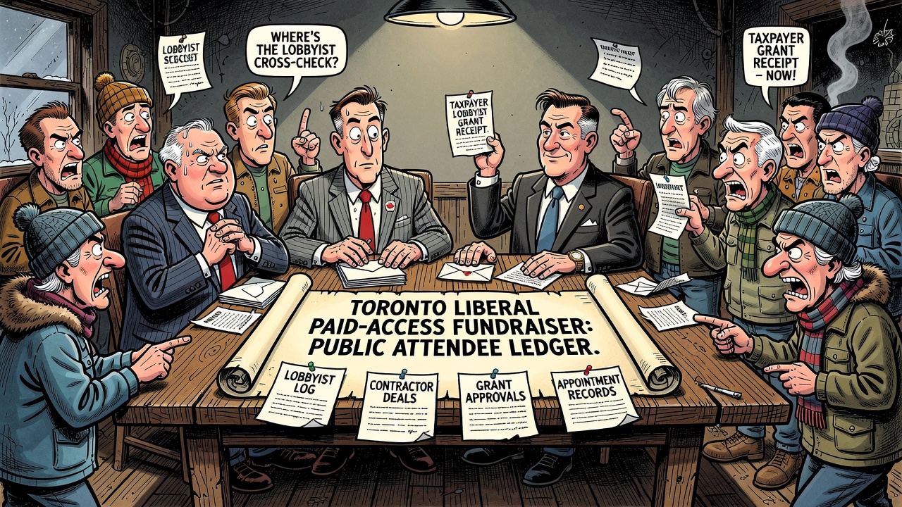 Editorial cartoon showing a Toronto Liberal paid-access fundraiser report as taxpayers ask for a real-time lobbyist and contractor cross-check ledger