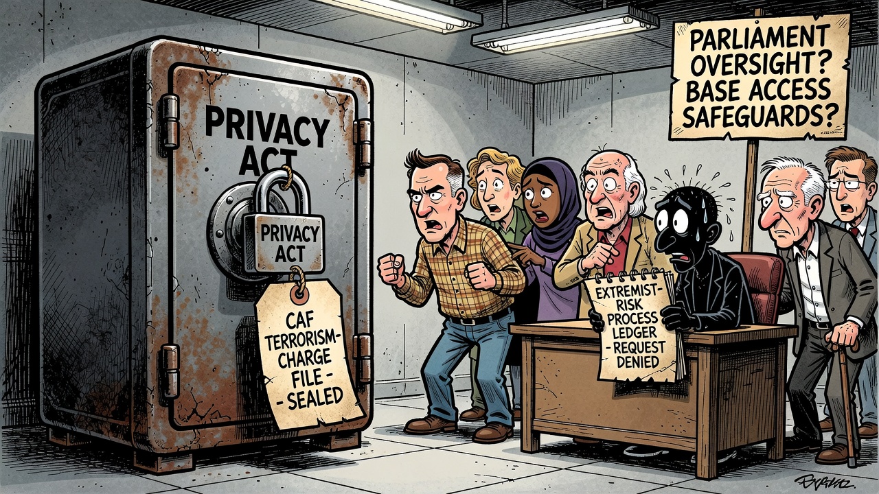 Editorial cartoon showing a Canadian Armed Forces release file locked under privacy rules while taxpayers demand an extremist-risk process ledger