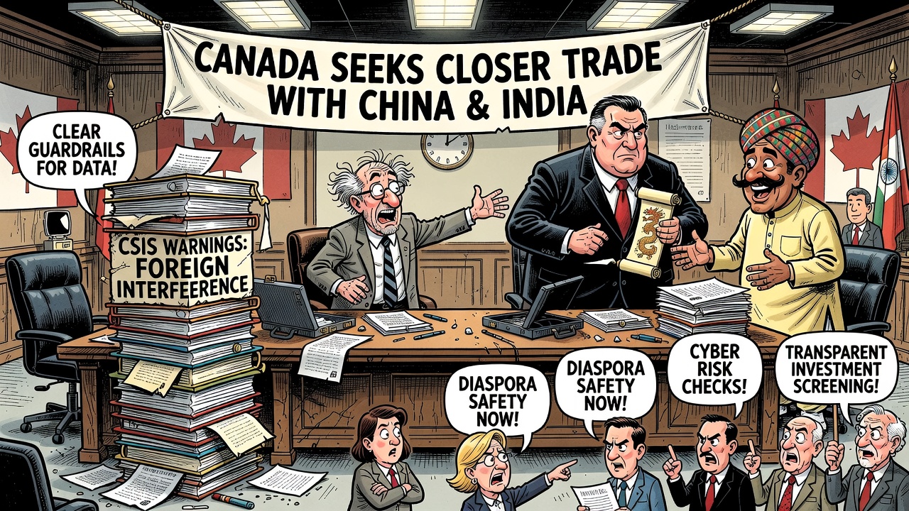 Editorial cartoon showing Canada seeking trade with China and India while CSIS warnings sit on a cabinet table and taxpayers demand guardrails