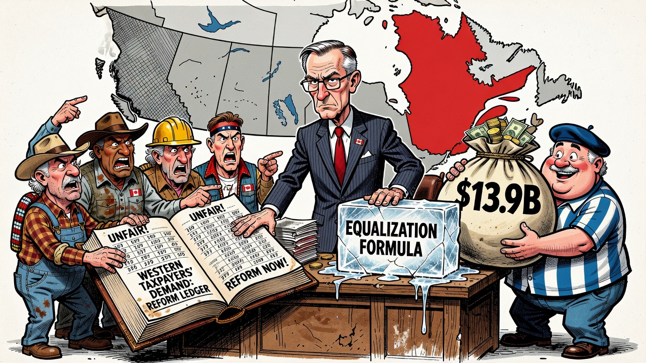 Editorial cartoon showing Carney freezing the equalization formula until 2029 while Quebec receives $13.9B and western taxpayers demand a reform ledger
