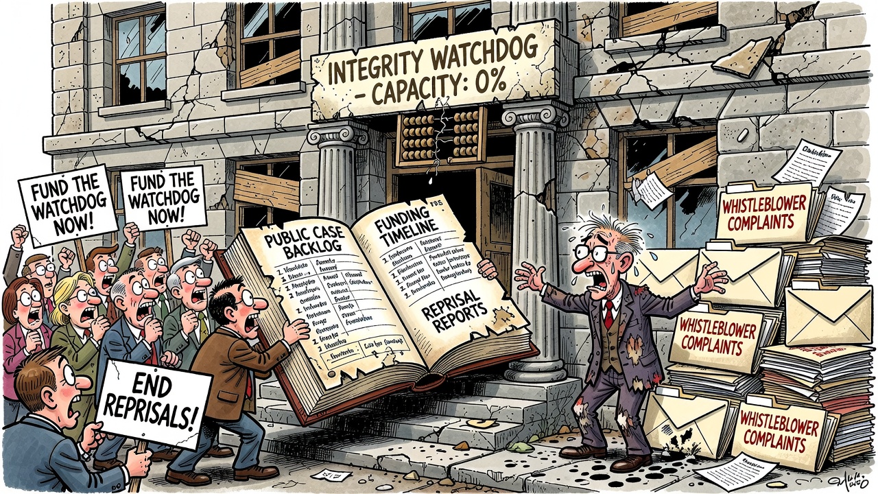 Editorial cartoon showing a federal whistleblower office buried under complaint files while taxpayers demand a public integrity ledger