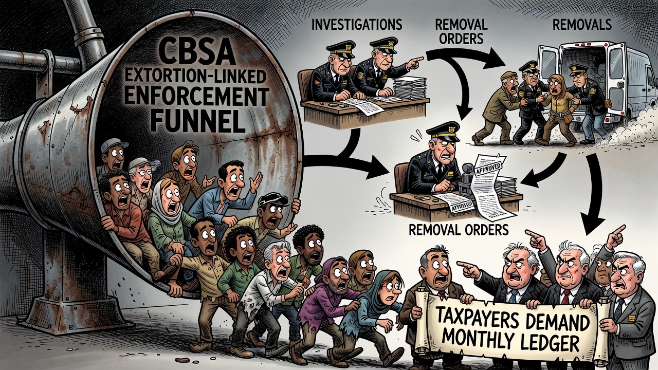 Editorial cartoon showing a CBSA extortion-enforcement funnel with investigations, removal orders and removals while taxpayers demand monthly receipts