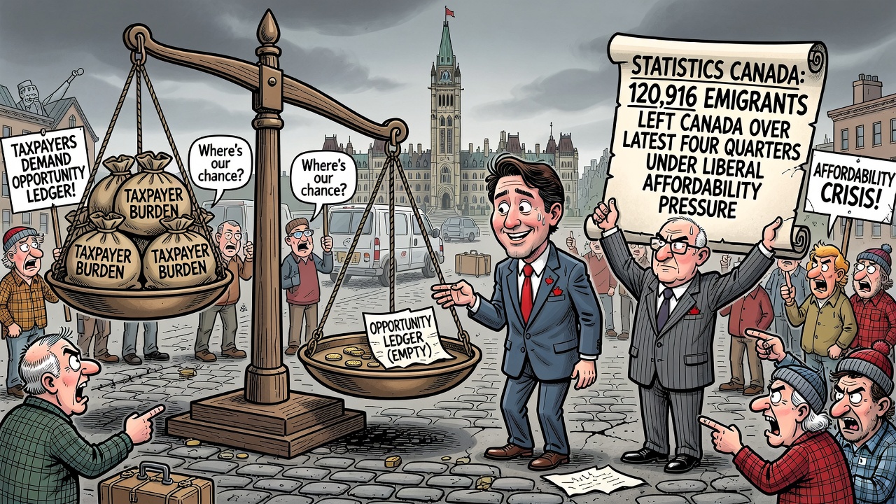 Editorial cartoon showing Canadians leaving through an airport departure gate marked affordability crisis while taxpayers demand an opportunity ledger