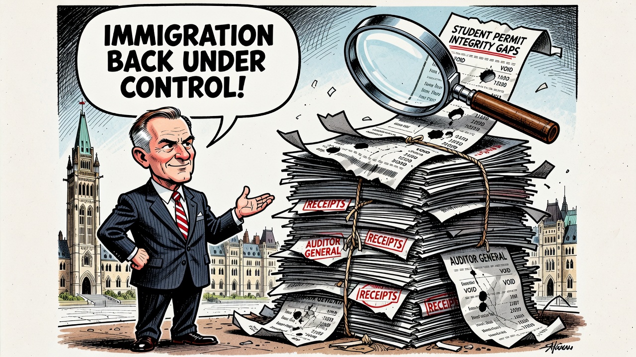 Editorial cartoon showing Carney claiming immigration is under control while Auditor General receipts reveal student-permit integrity gaps and taxpayers demand a dashboard