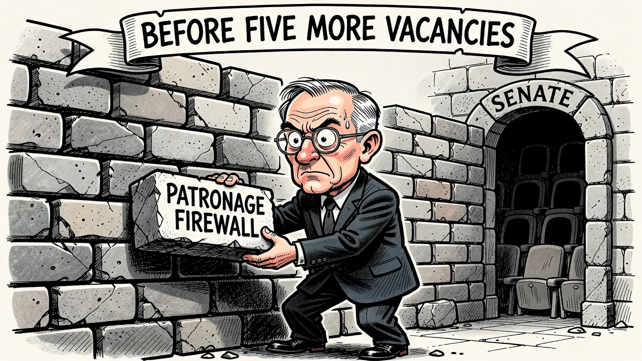 Editorial cartoon showing five empty Senate seats behind a patronage firewall while taxpayers demand appointment receipts from Mark Carney