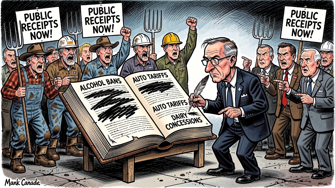 Editorial cartoon showing Mark Carney and Dominic LeBlanc holding a redacted tariff concession ledger while farmers, auto workers and premiers demand receipts before August 19