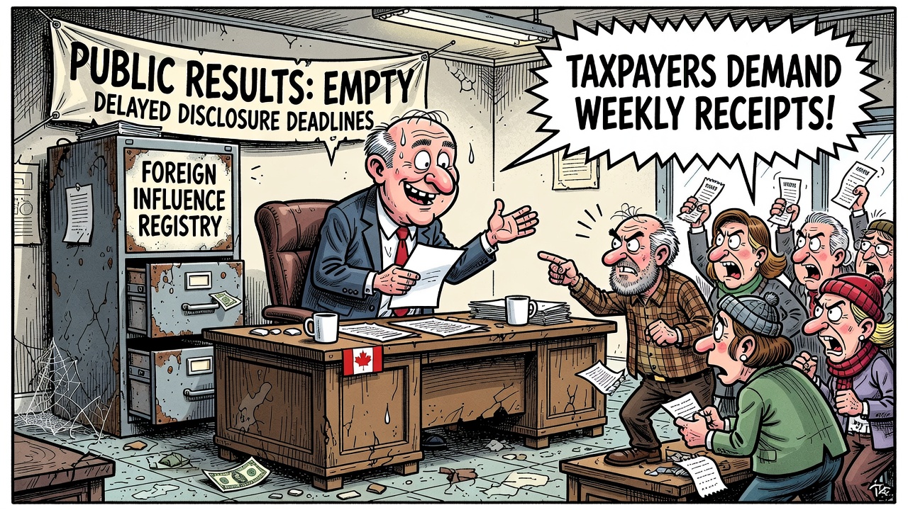 Editorial cartoon showing Canada’s foreign influence registry as an empty public database while hidden files await review and taxpayers demand weekly receipts