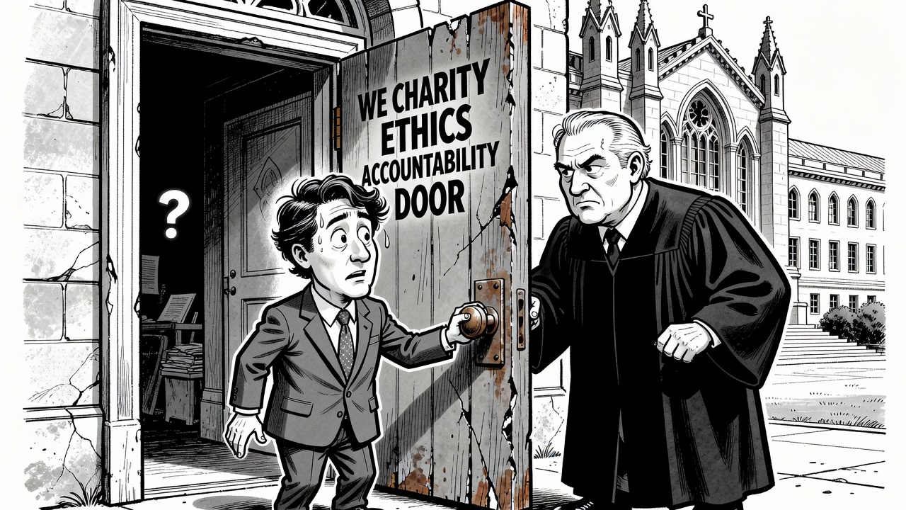Editorial cartoon showing the Supreme Court opening a heavy WE Charity accountability door while politicians point to a closed political oversight window