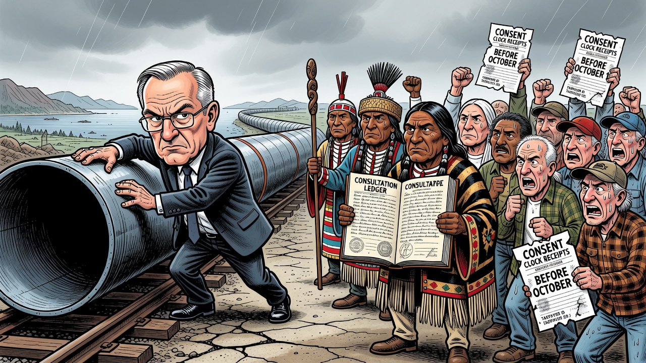 Editorial cartoon showing Mark Carney fast-tracking a West Coast pipeline while First Nations chiefs hold a consultation ledger and taxpayers demand consent-clock receipts before October 1