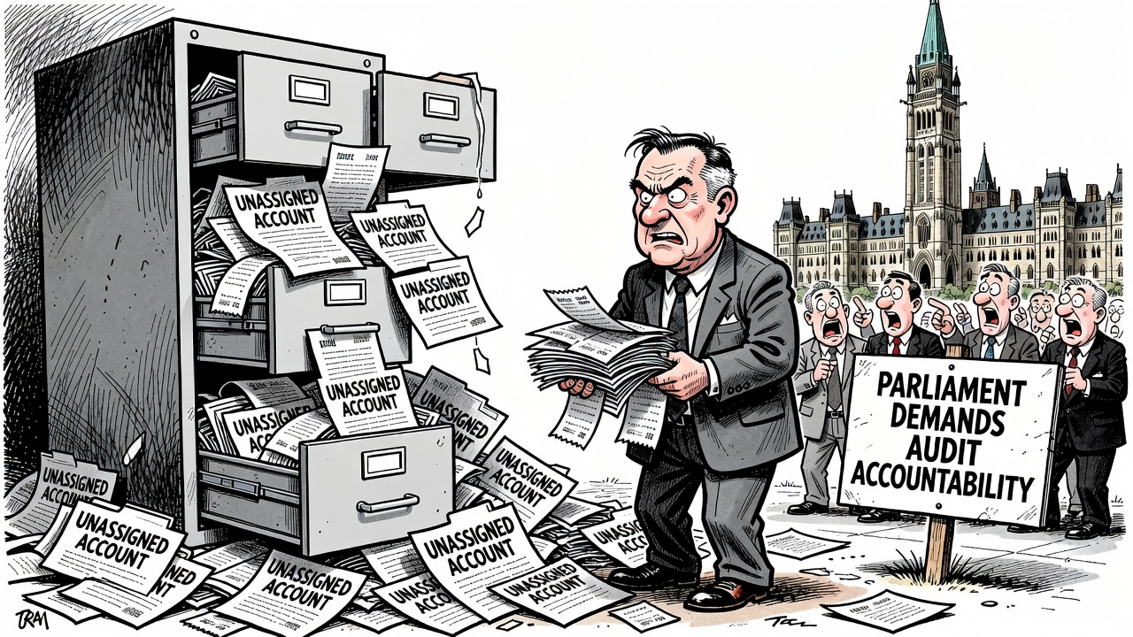 Editorial cartoon showing CRA tax collection files spilling from a cabinet while taxpayers and Parliament demand public audit receipts