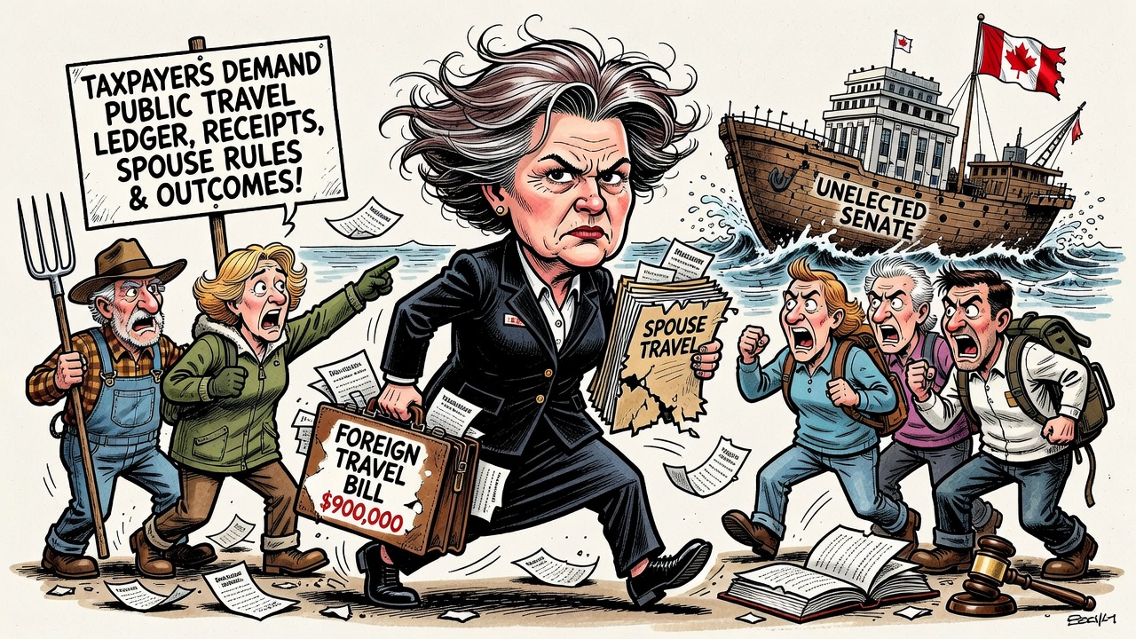 Editorial cartoon showing the Senate Speaker returning from foreign travel with a near $900,000 bill while taxpayers demand entourage, spouse travel and outcome receipts