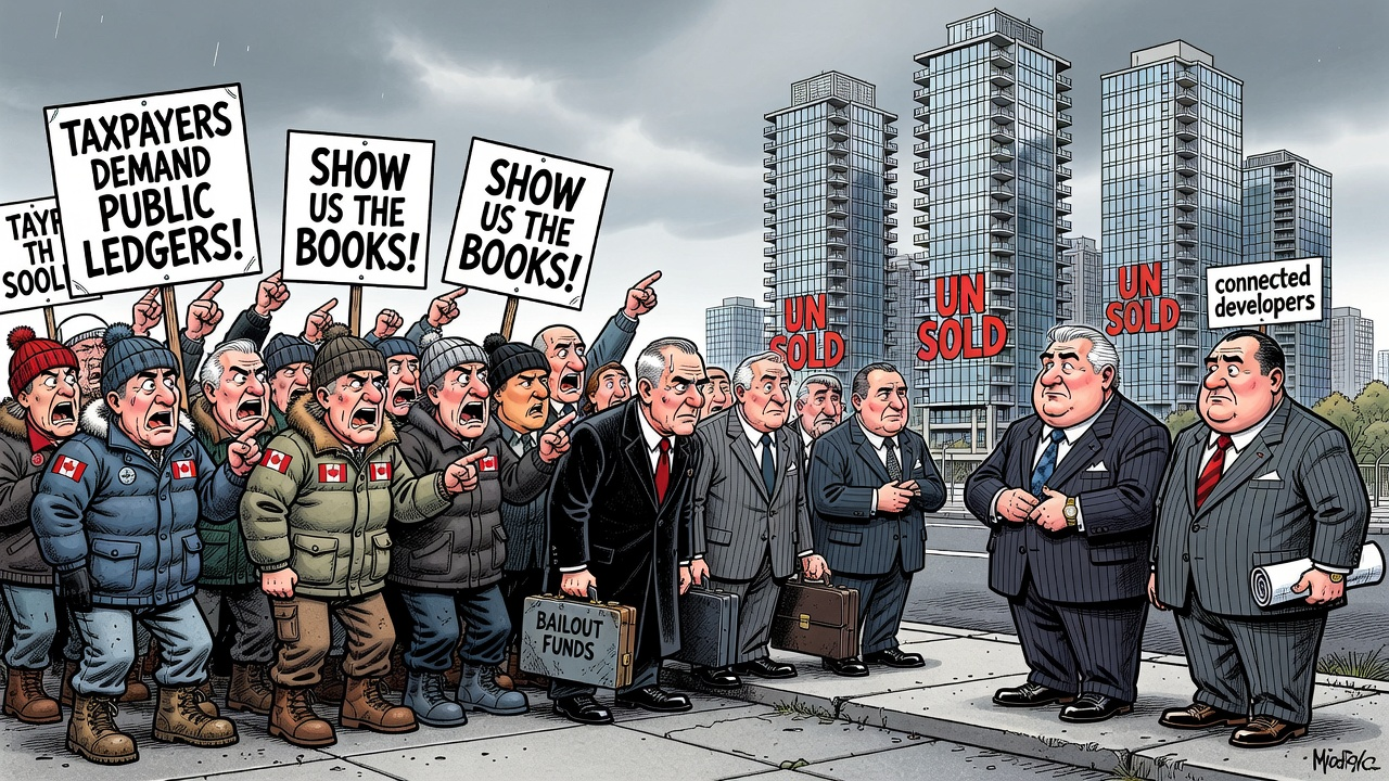 Editorial cartoon showing Mark Carney’s condo-conversion program beside unsold Vancouver towers while taxpayers demand lobbying, access and beneficiary receipts