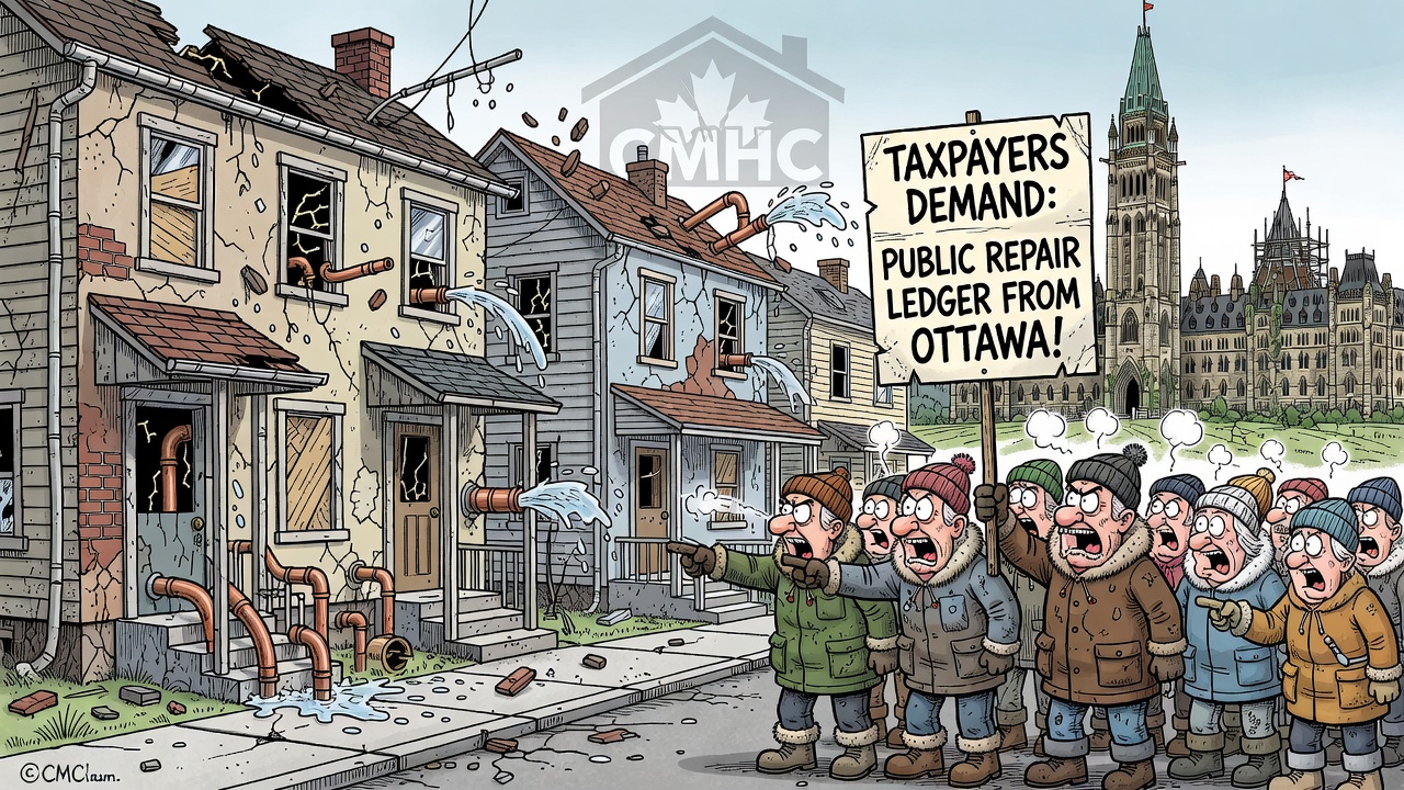 Editorial cartoon showing neglected affordable housing repairs while taxpayers demand a CMHC repair backlog ledger from Ottawa