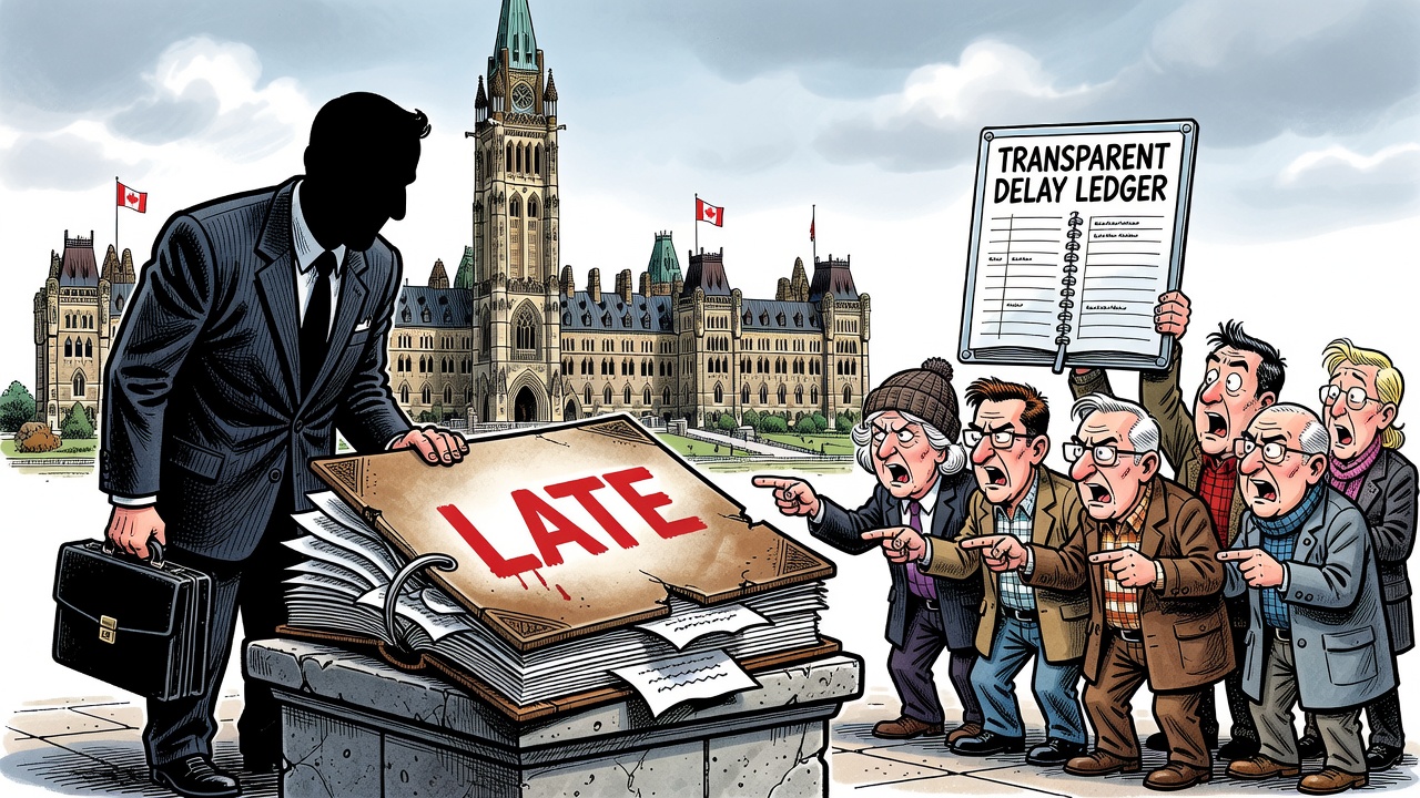 Editorial cartoon showing a cabinet conflict-of-interest registry binder stamped late while taxpayers demand a public delay ledger