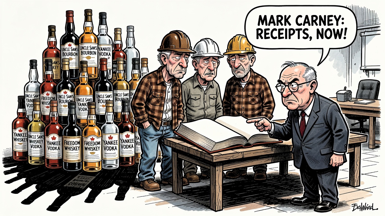 Editorial cartoon showing American liquor bottles returning to Canadian shelves while lumber workers demand a public tariff-relief ledger from Mark Carney