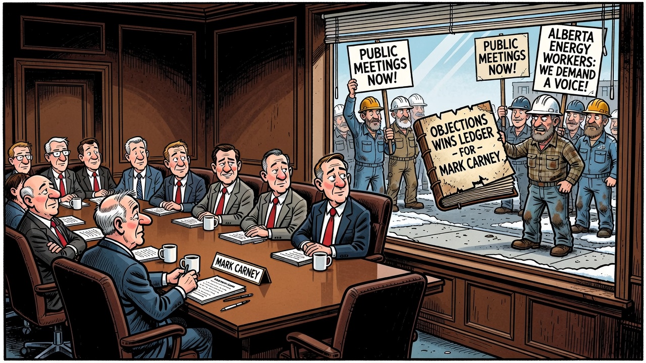 Editorial cartoon showing Alberta Liberal MPs at a closed Ottawa cabinet table while Alberta workers ask for a public deliverables ledger