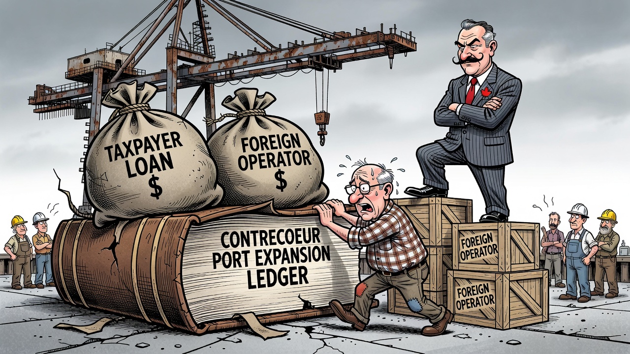 Editorial cartoon showing the Contrecoeur port expansion with a Canada Infrastructure Bank loan, DP World operator contract and taxpayers demanding a public ledger