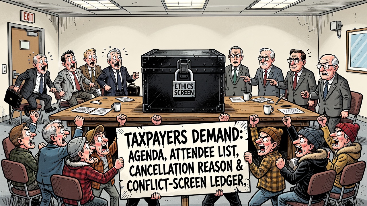 Editorial cartoon showing a cancelled Brookfield AI data-centre meeting and a locked conflict-screen ledger while taxpayers demand receipts