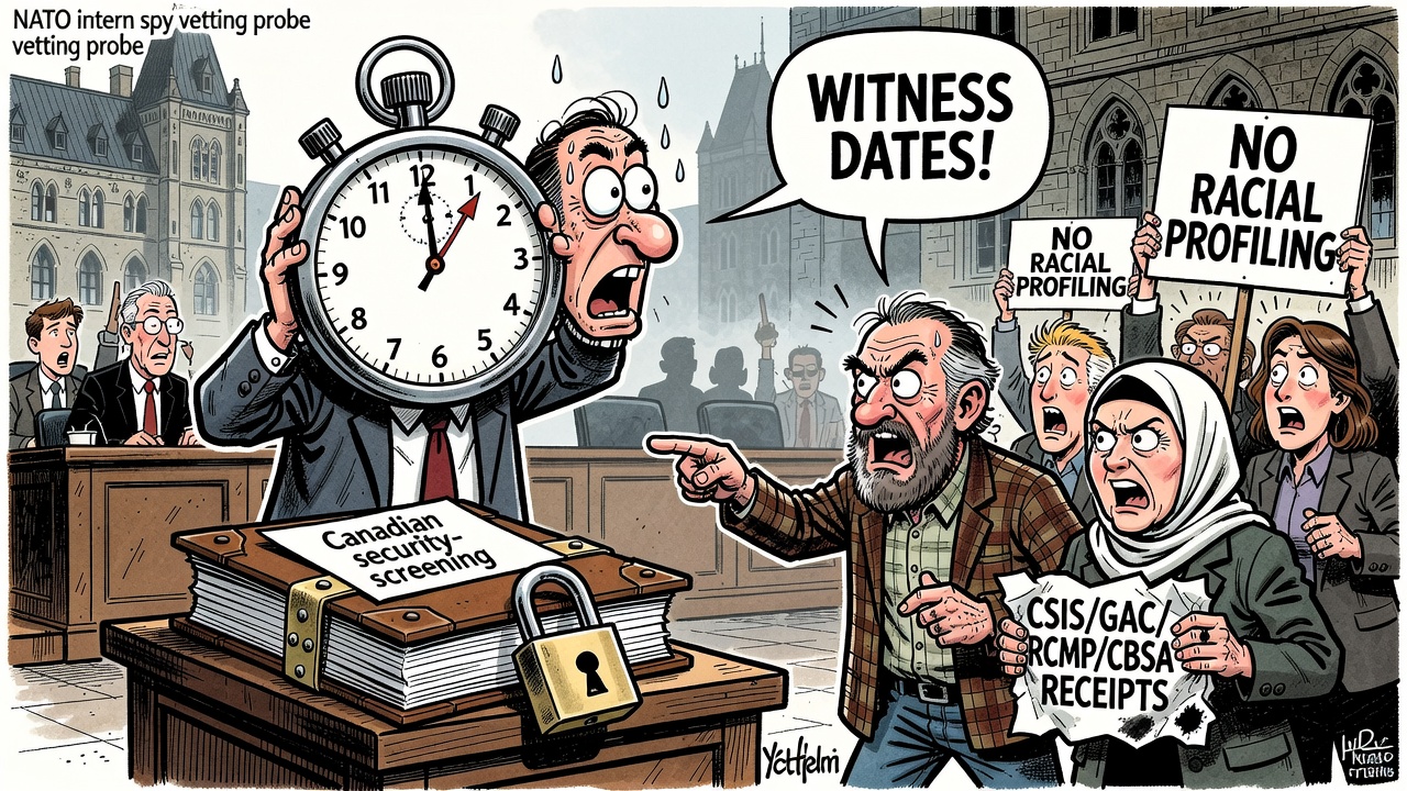 Editorial cartoon showing Parliament holding a stopwatch over a locked NATO security-screening ledger while taxpayers demand witness dates and vetting receipts