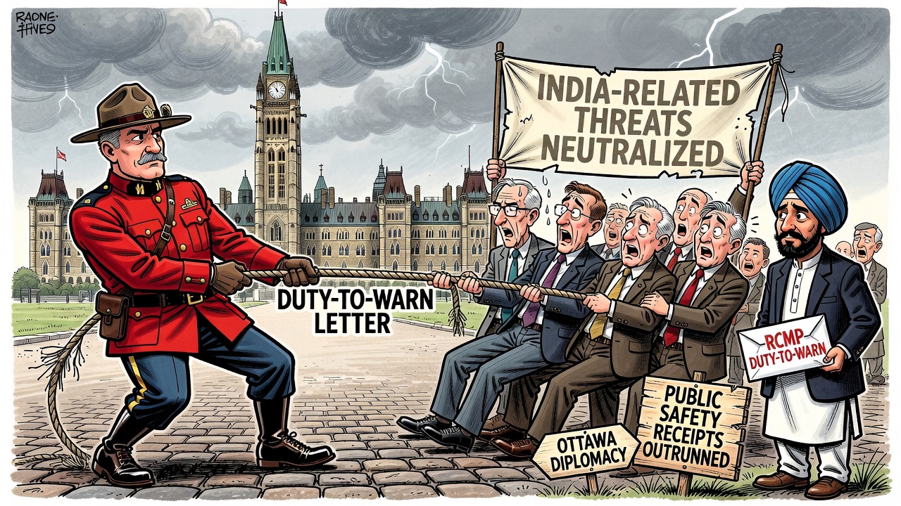 Editorial cartoon showing RCMP duty-to-warn letters piling up while Ottawa rushes India diplomacy and taxpayers demand a transnational-repression ledger