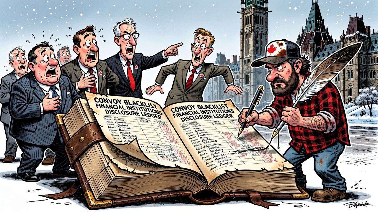 Editorial cartoon showing a convoy blacklist moving through banks and regulators while taxpayers demand a public damage ledger