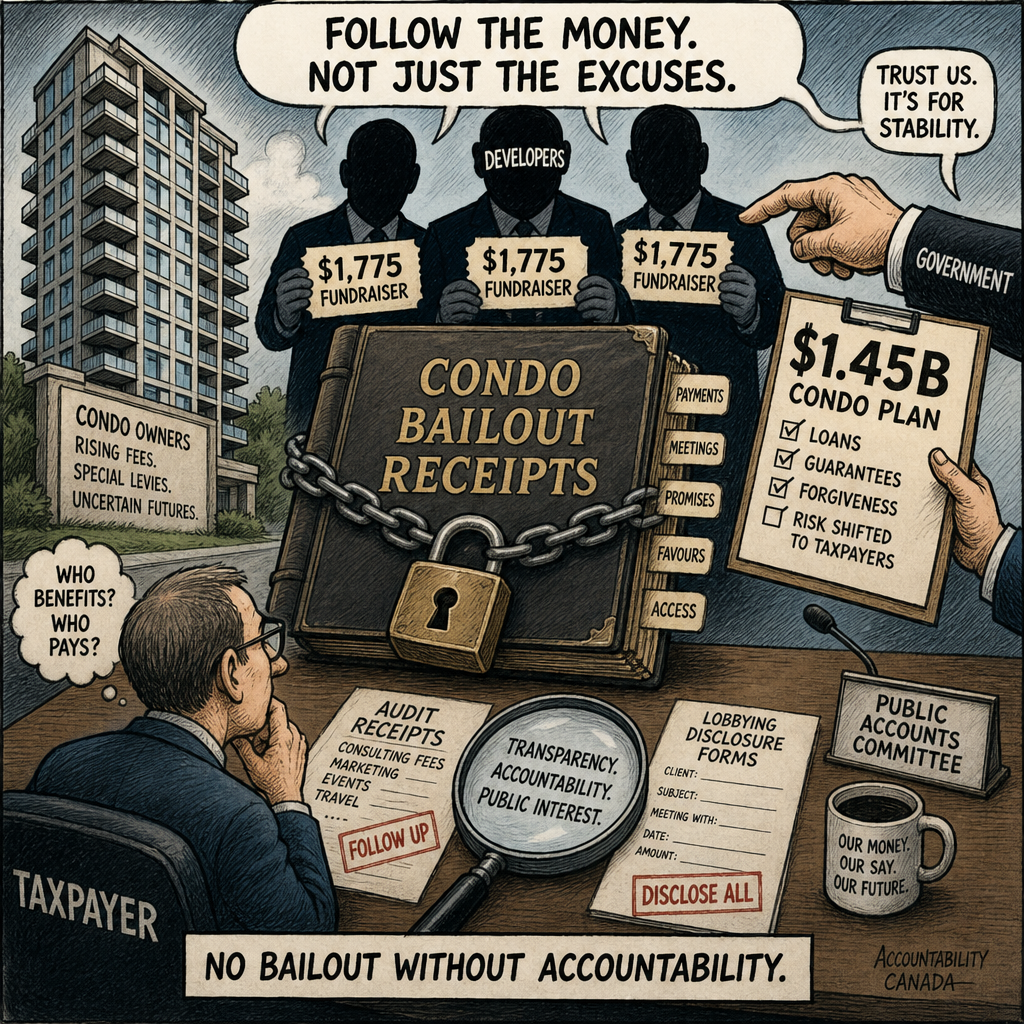 Editorial cartoon showing a locked condo bailout receipts ledger between taxpayers, developers and a government condo plan