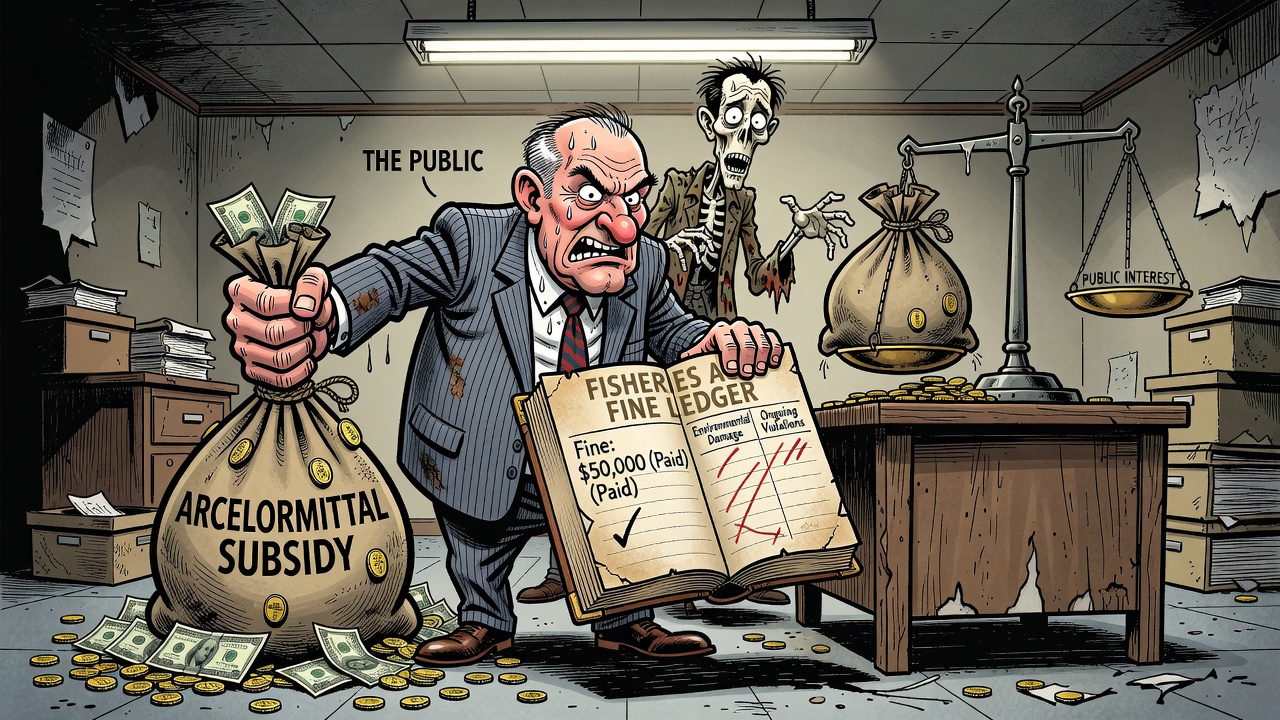 Editorial cartoon showing taxpayers demanding a subsidy-and-fine ledger as ArcelorMittal receives a federal cheque beside a Fisheries Act fine