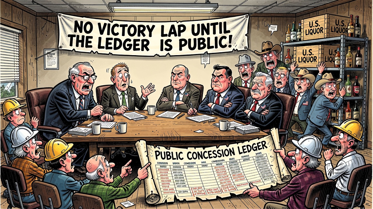 Editorial cartoon showing Carney and LeBlanc at a Canada-U.S. tariff table while premiers restock U.S. liquor and taxpayers demand a public concession ledger