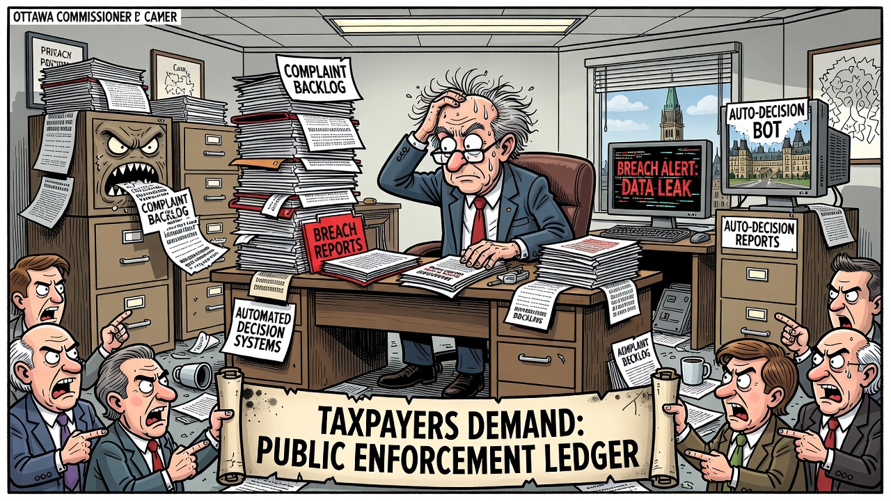 Editorial cartoon showing Ottawa promising privacy modernization while complaint backlogs, breach reports, AI systems and taxpayers demand an enforcement ledger