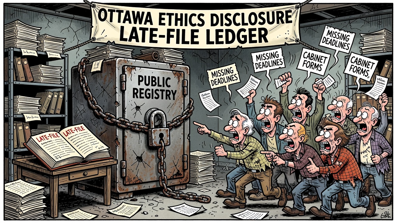 Editorial cartoon showing a locked ethics registry, late disclosure forms and taxpayers demanding a public late-file ledger