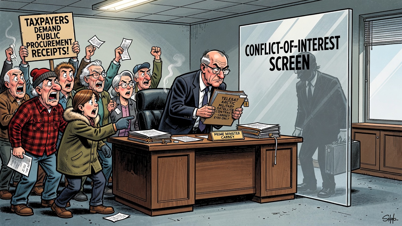 Editorial cartoon showing the Telesat satellite deal as a locked procurement ledger while taxpayers demand a conflict-screen receipt