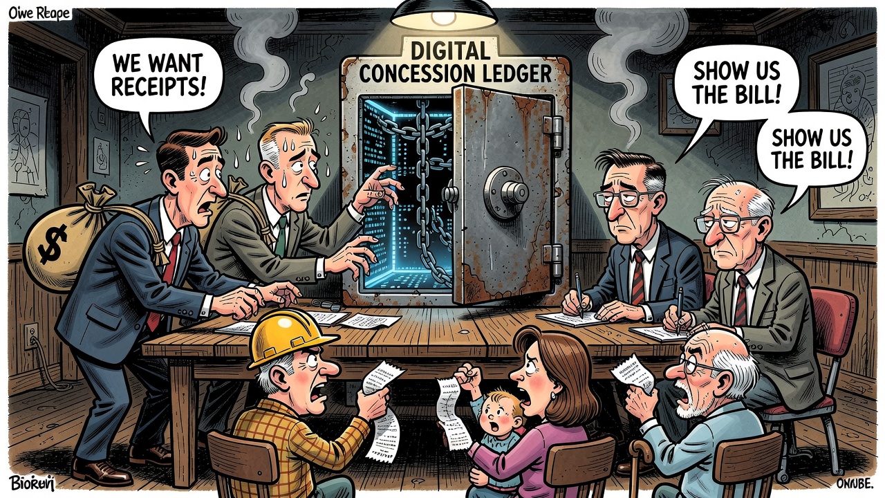 Editorial cartoon showing a locked digital trade concession ledger between Ottawa, Big Tech and taxpayers demanding receipts
