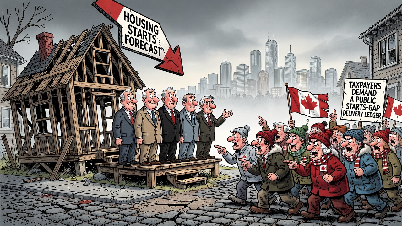 Editorial cartoon showing Ottawa promising to build homes while CMHC charts falling housing starts and taxpayers demand a starts-gap delivery ledger