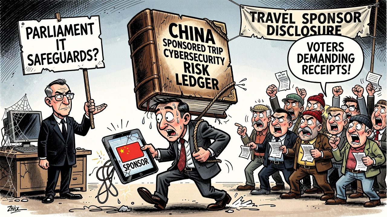 Editorial cartoon showing a sponsored China trip, Parliament IT devices and a locked cybersecurity ledger while voters demand receipts