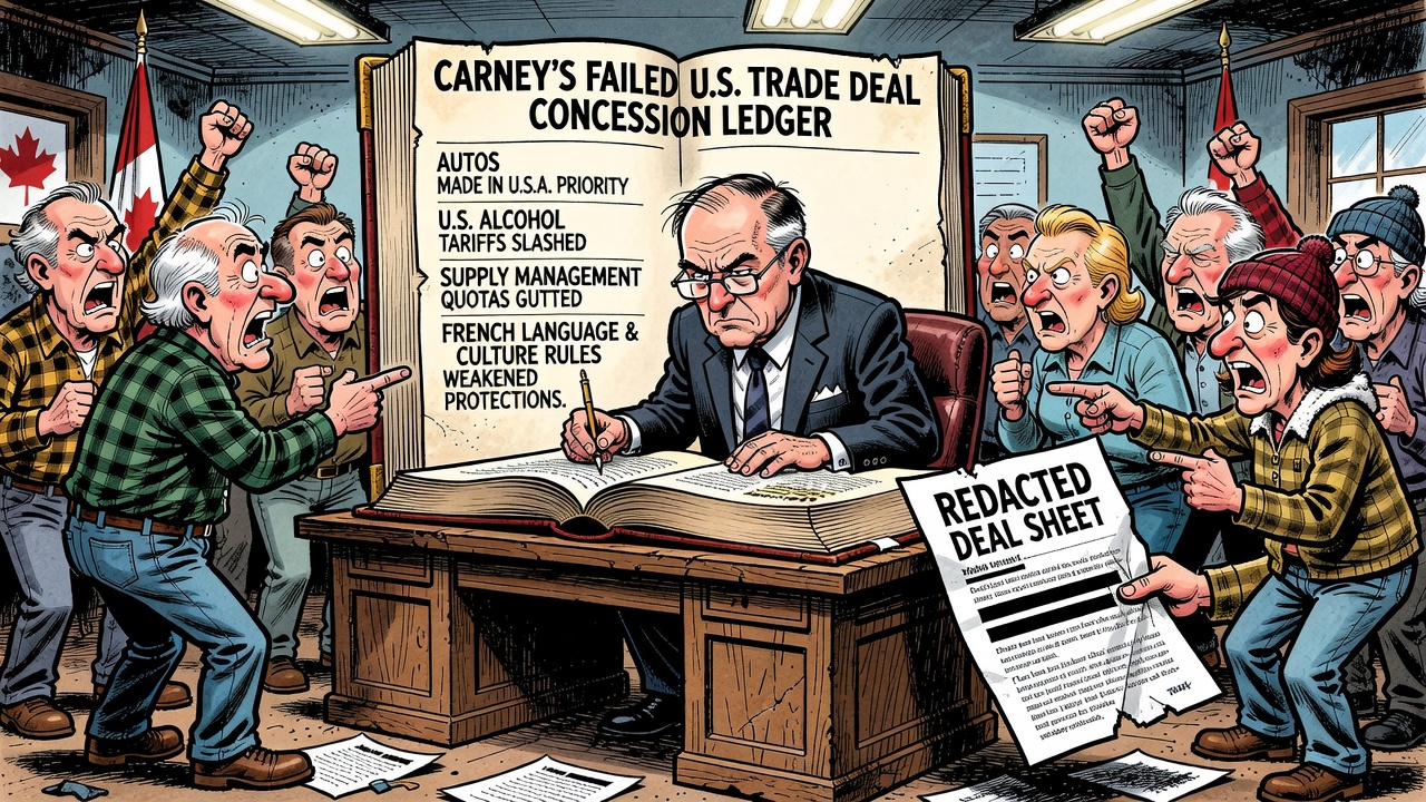 Editorial cartoon showing Carney beside a locked Canada-U.S. concession ledger with autos, U.S. alcohol, supply management and French language rules while taxpayers demand the redacted deal sheet