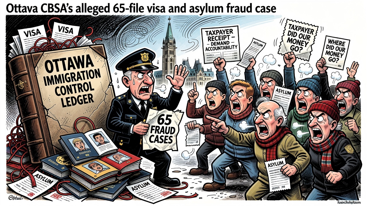 Editorial cartoon showing CBSA, passport documents and a locked immigration control ledger while taxpayers ask Ottawa for visa and asylum fraud receipts