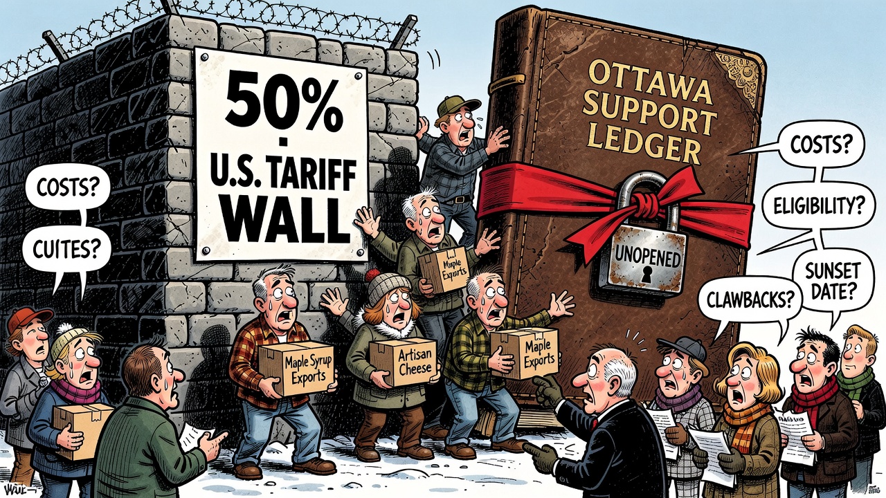 Editorial cartoon showing Canadian small exporters trapped between a 50 percent U.S. tariff wall and an unopened Ottawa support ledger while taxpayers ask for cost and eligibility receipts