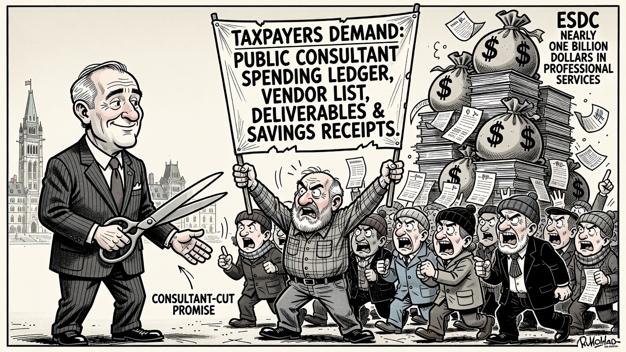 Editorial cartoon showing Mark Carney beside a nearly one billion dollar ESDC professional services ledger while taxpayers demand consultant spending receipts
