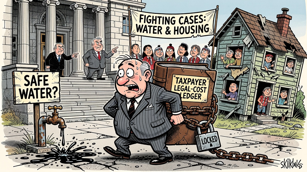 Editorial cartoon showing Ottawa hiding a taxpayer legal-cost ledger while First Nations ask for water and housing receipts