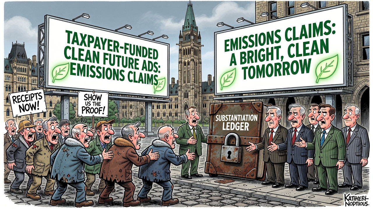 Editorial cartoon showing Ottawa greenwashing ads beside a locked substantiation ledger while taxpayers demand emissions receipts